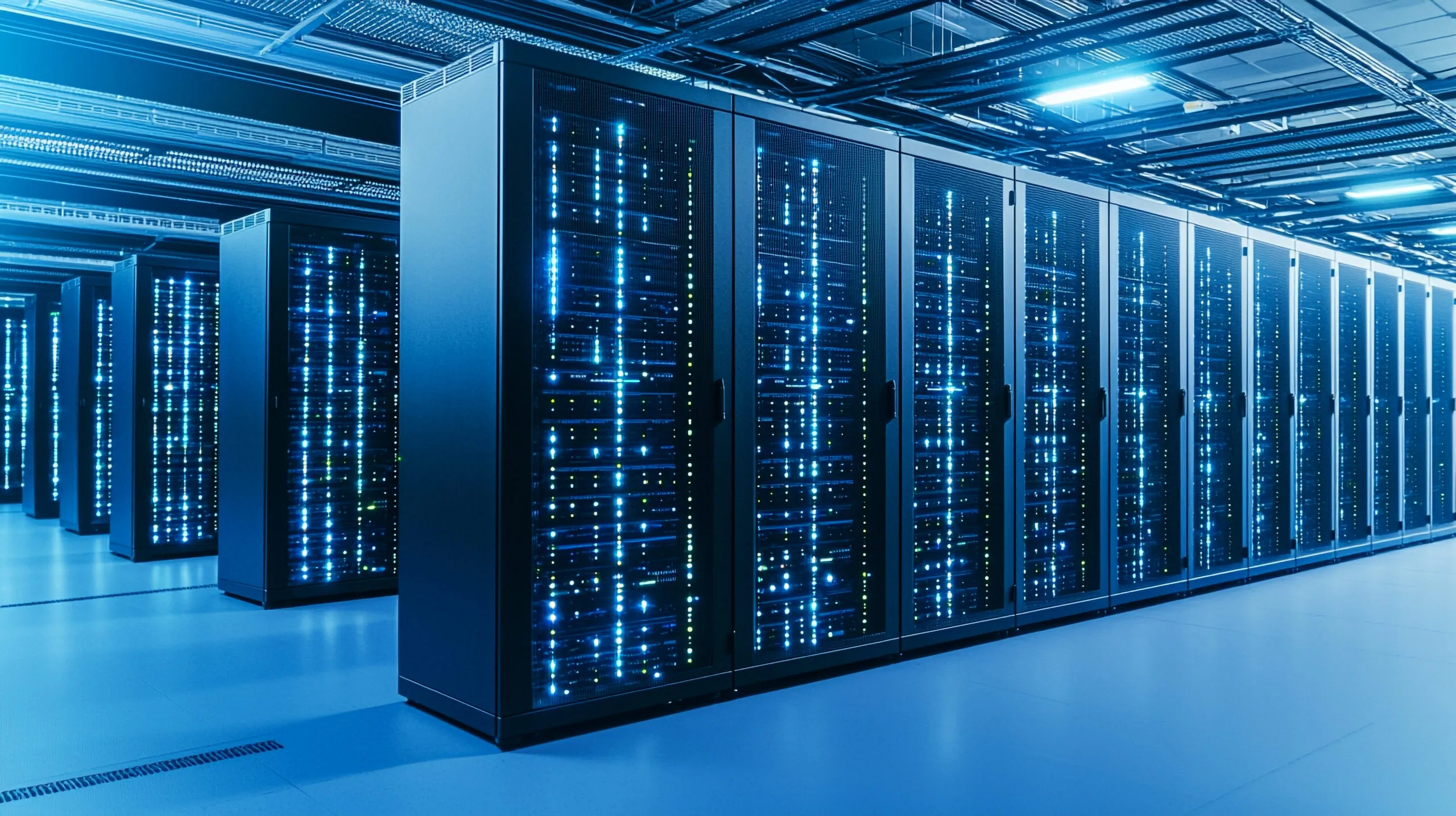 Data center with rows of servers and LED lights, a network of cables and cooling systems visible