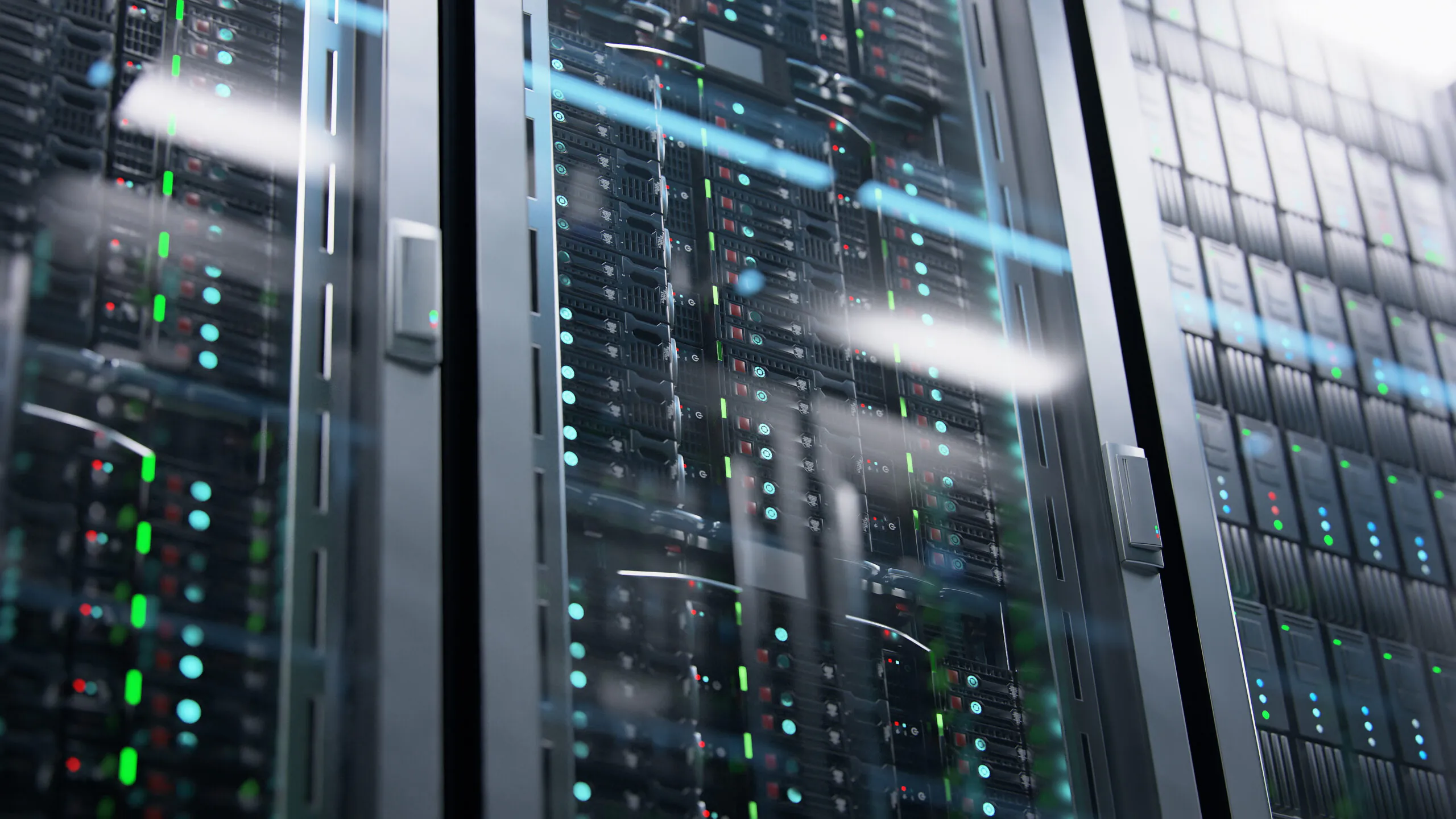 Camera moving in data center along the racks with server equipment, close up view. Seamlessly looped photorealistic 3D render animation.