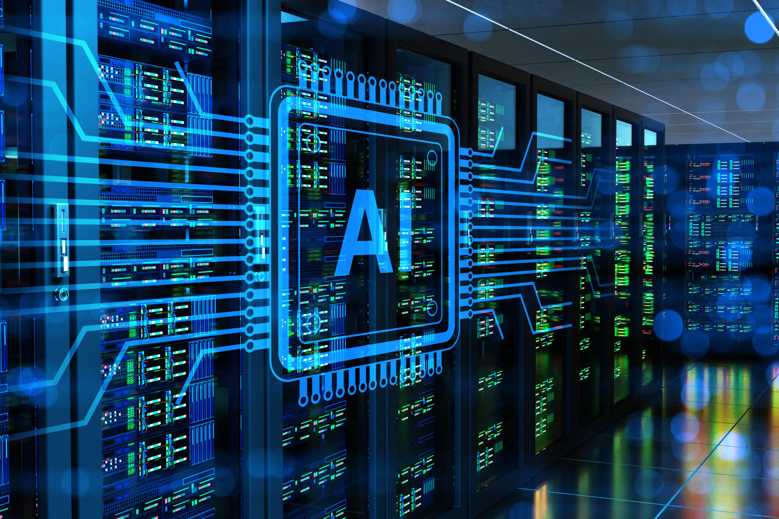 Data center, artificial intelligence computing. Server racks process AI workloads in high performance facility, managing big data, cloud services and machine learning operations.